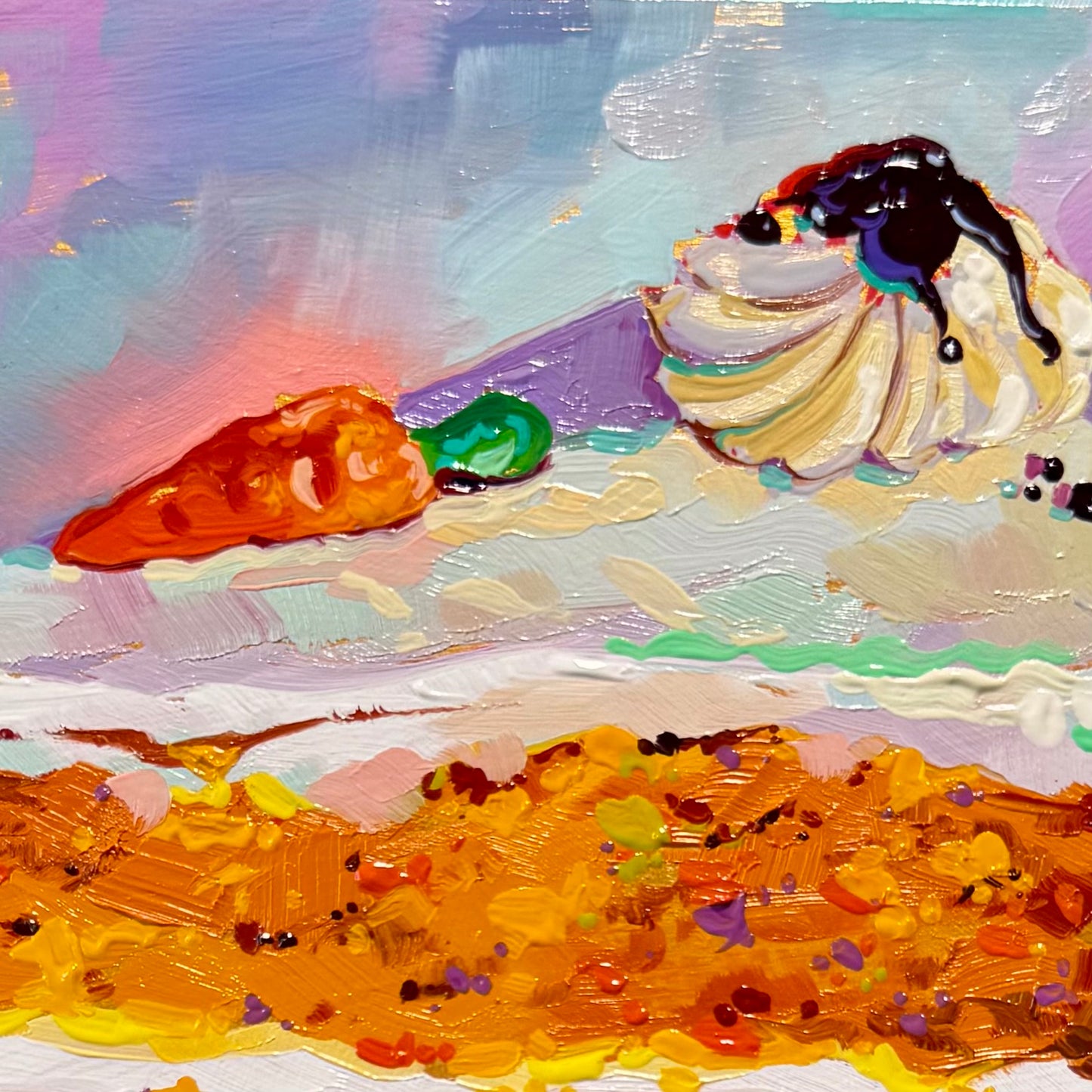 Carrot cake and ribbon - Original Oil Painting