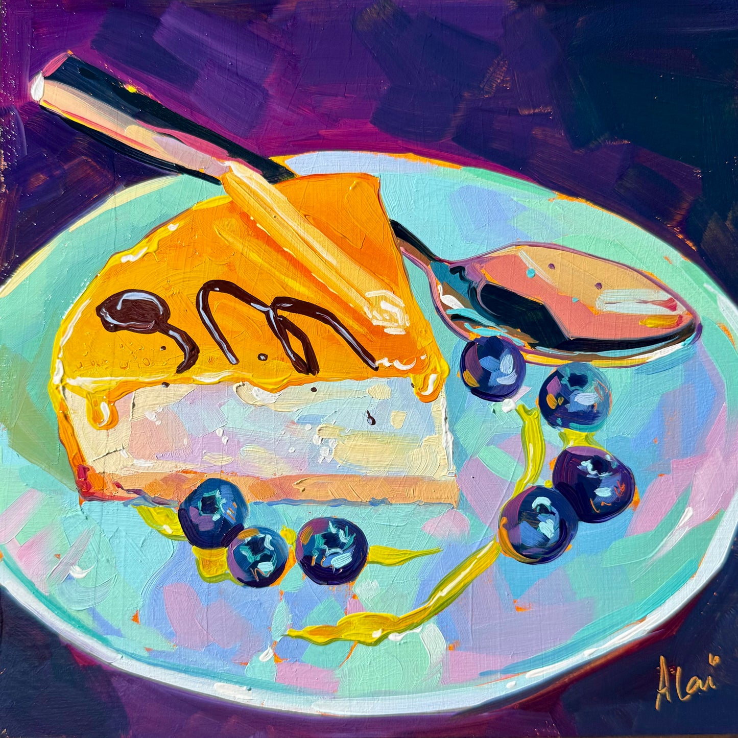 Lemon mousse and blueberries - Original Oil Painting