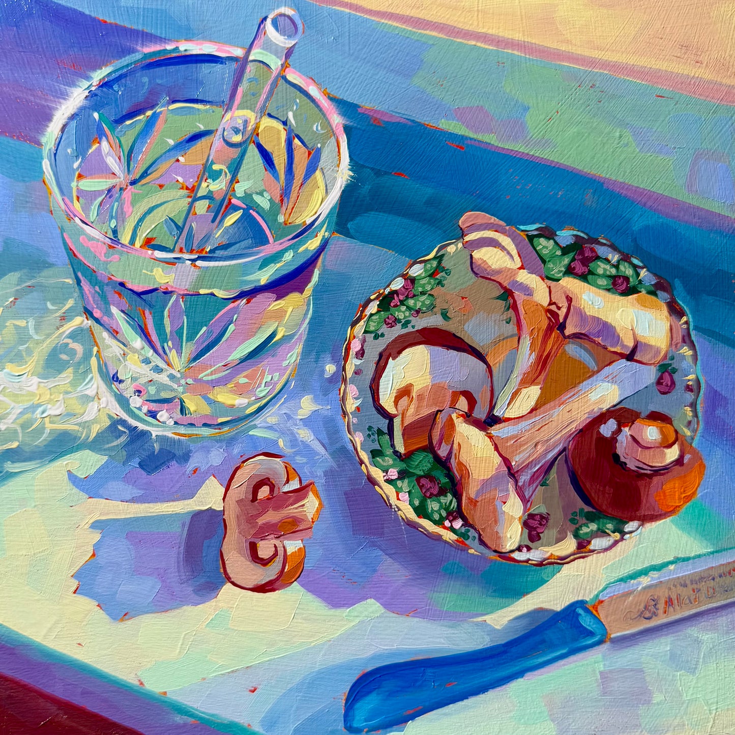 Mushrooms and glass on windowsill- Original Oil Painting