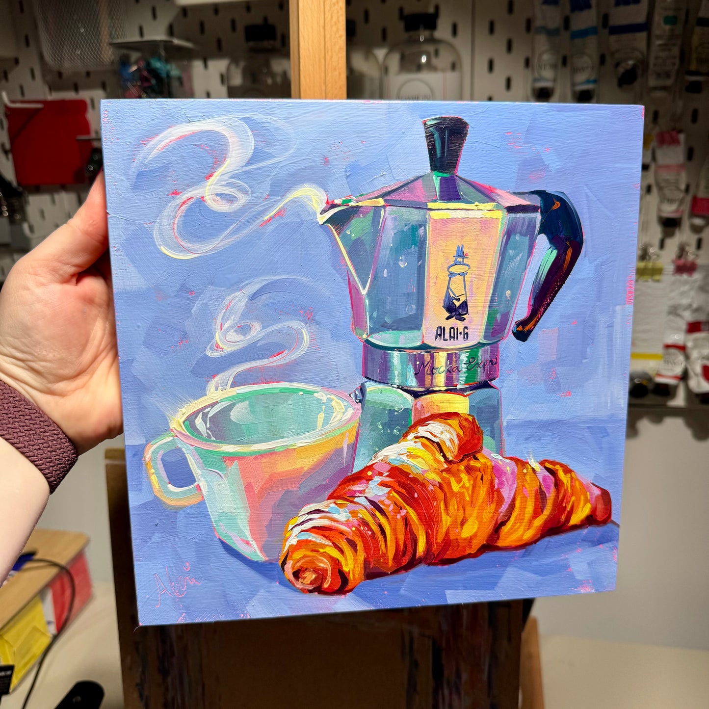 Coffee and croissant - Original Oil Painting