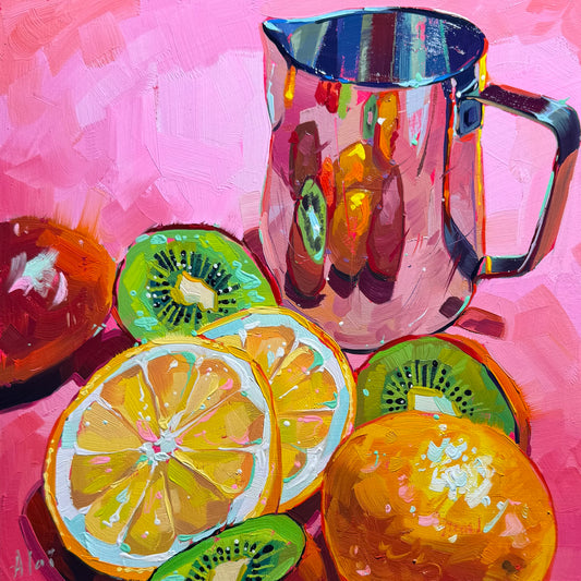 Cítricos y jarra - Pintura al óleo original