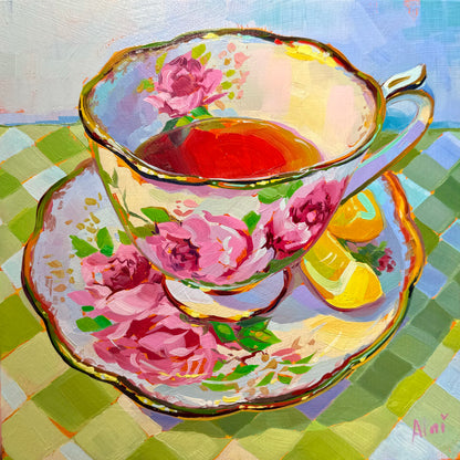 Tea cup with lemons - Original Oil Painting