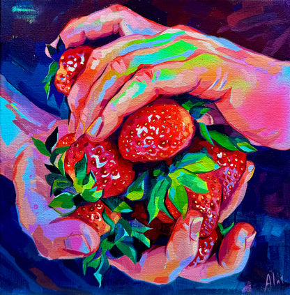 Neon strawberries - Original Oil Painting