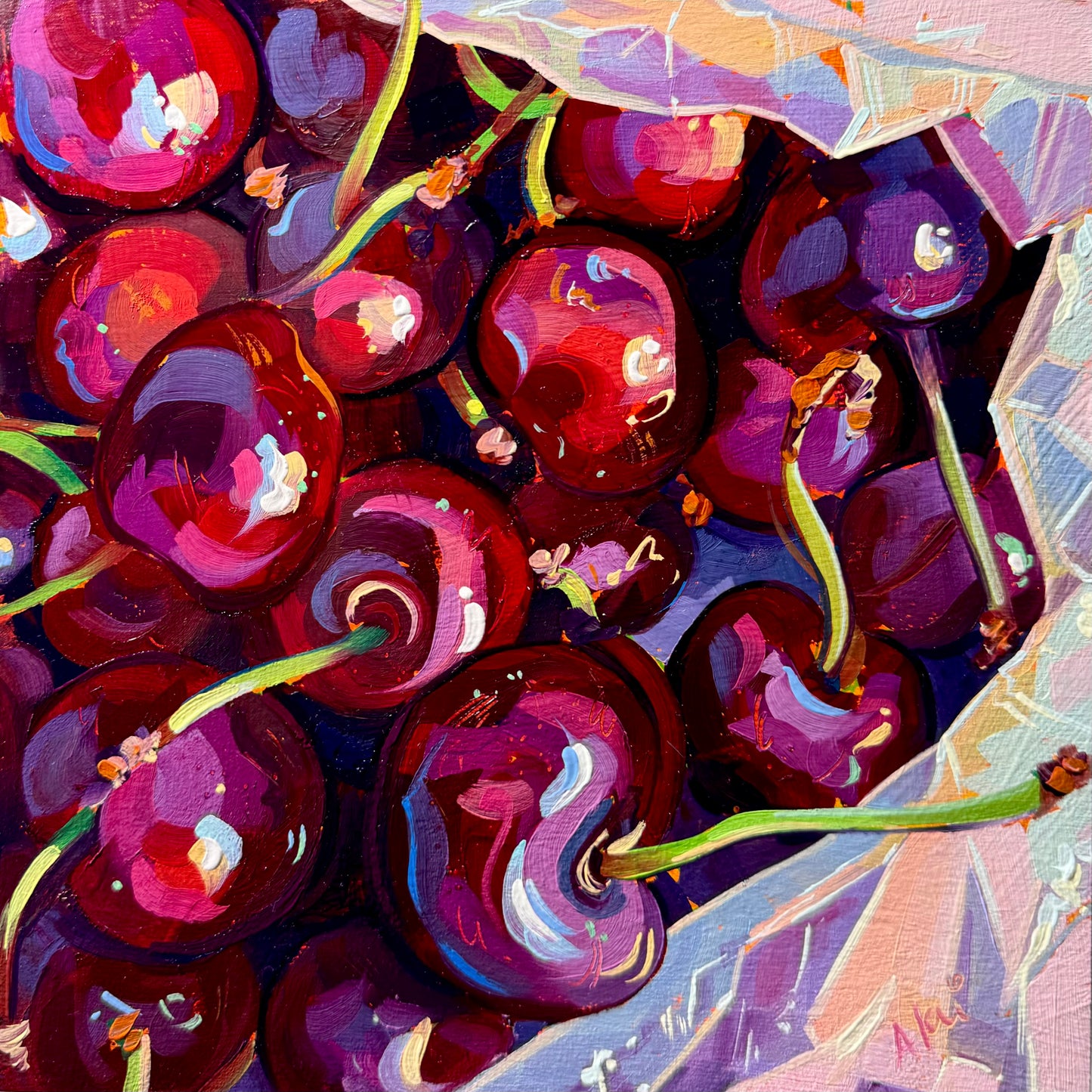 Cherries inside a bag - Original Oil Painting