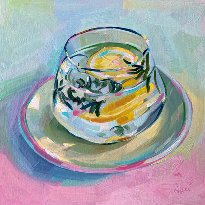 Té de limón y romero - Pintura al óleo original