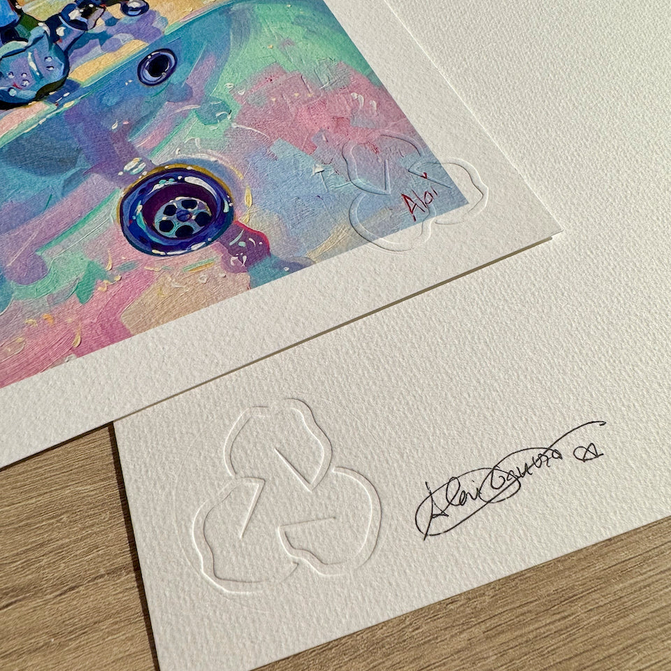 Colorful artwork of a sink with a signature and embossing on a textured paper background