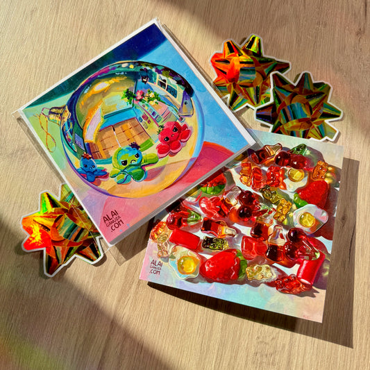 Christmas ball and Sweet life gummy postcards with some holographic vinyl stickers 