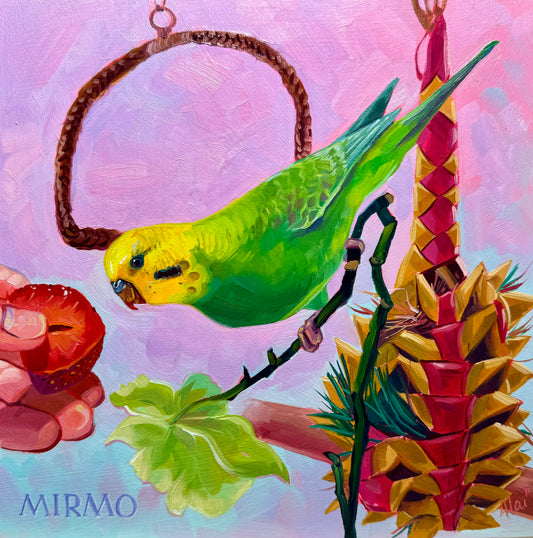 A square 20x20 cm original oil painting of an American Budgie named Mirmo. The bird is bright green with a yellow head and black markings, perched on a thin branch. In the bottom left, a hand holds a juicy red strawberry that the bird is approaching. The background is a soft, textured mix of pastel pink and lavender. The composition includes Mirmo's favorite things: a brown rope swing above him, green orchid leaves below, and a colorful yellow and red woven hanging toy on the right. 