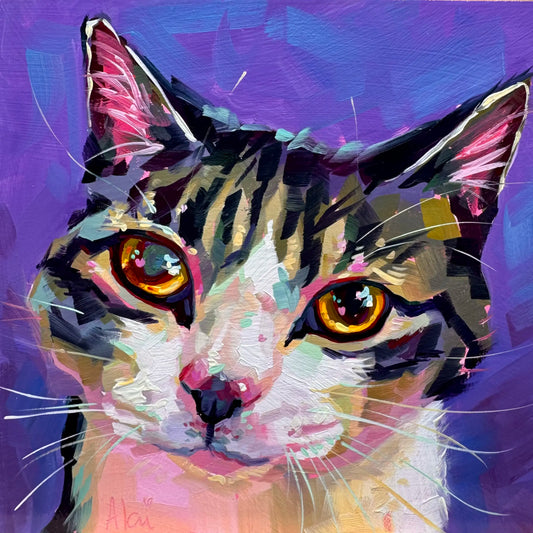 A high-contrast custom oil painting of a cat with yellow eyes, featuring a signature milky blind eye, thick impasto texture, and a vibrant teal and purple background on a 6x6 wood panel.