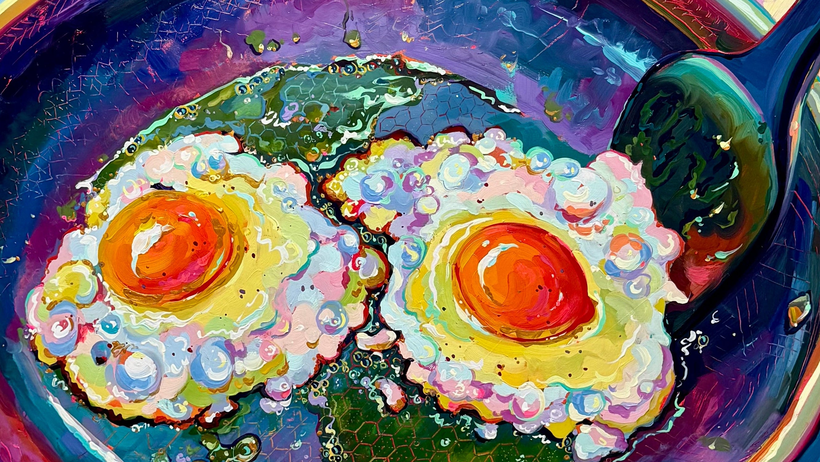 Colorful oil painting by Alai Ganuza depicting two fried eggs in a pan, painted with expressive brushstrokes, vivid reflections, and rich, saturated tones.