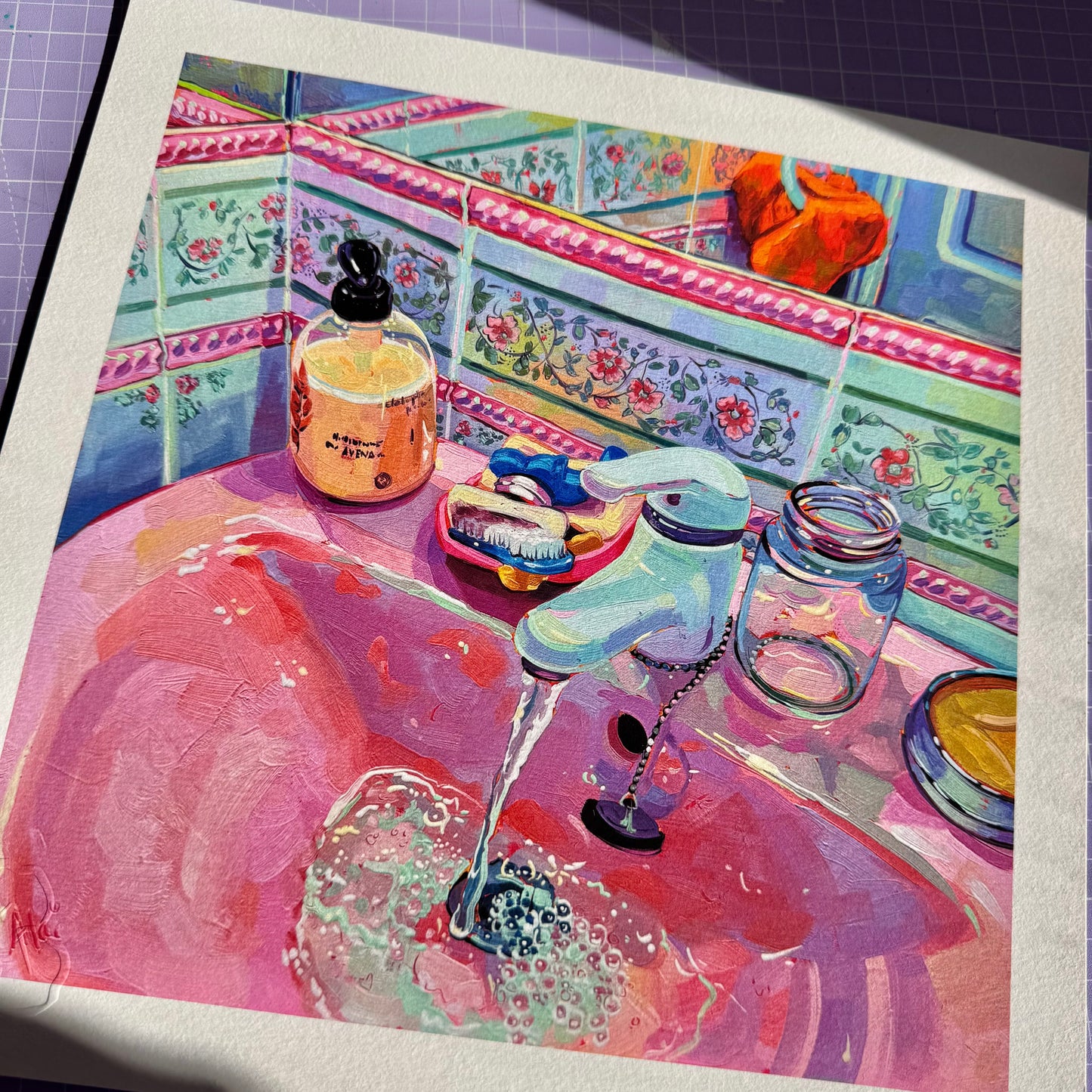 Fine art giclée print by Alai Ganuza featuring a bathroom scene with a vibrant blue sink, gold faucet, pink flowers, and a mirror reflection of the artist taking a photo. High contrast aesthetic bathroom decor