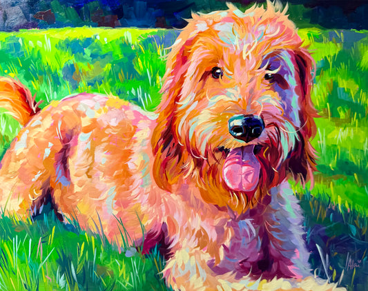 A hand painted pet portrait of a caramel-colored dog on a 16x20 wood panel, featuring thick impasto texture and a vibrant, sunny green background.