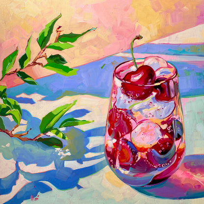 Original oil painting by Alai Ganuza titled "Cherry Drink". A glass filled with ice, pink liquid, and dark red cherries next to a green leafy branch casting blue shadows on a sunlit surface, painted on a square wood panel.