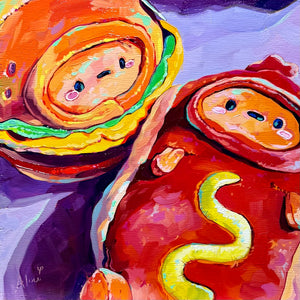 Original oil painting by Alai Ganuza featuring a hotdog plushie fallen on the floor and a hamburger plushie watching. Funny food toy still life on wood canvas.