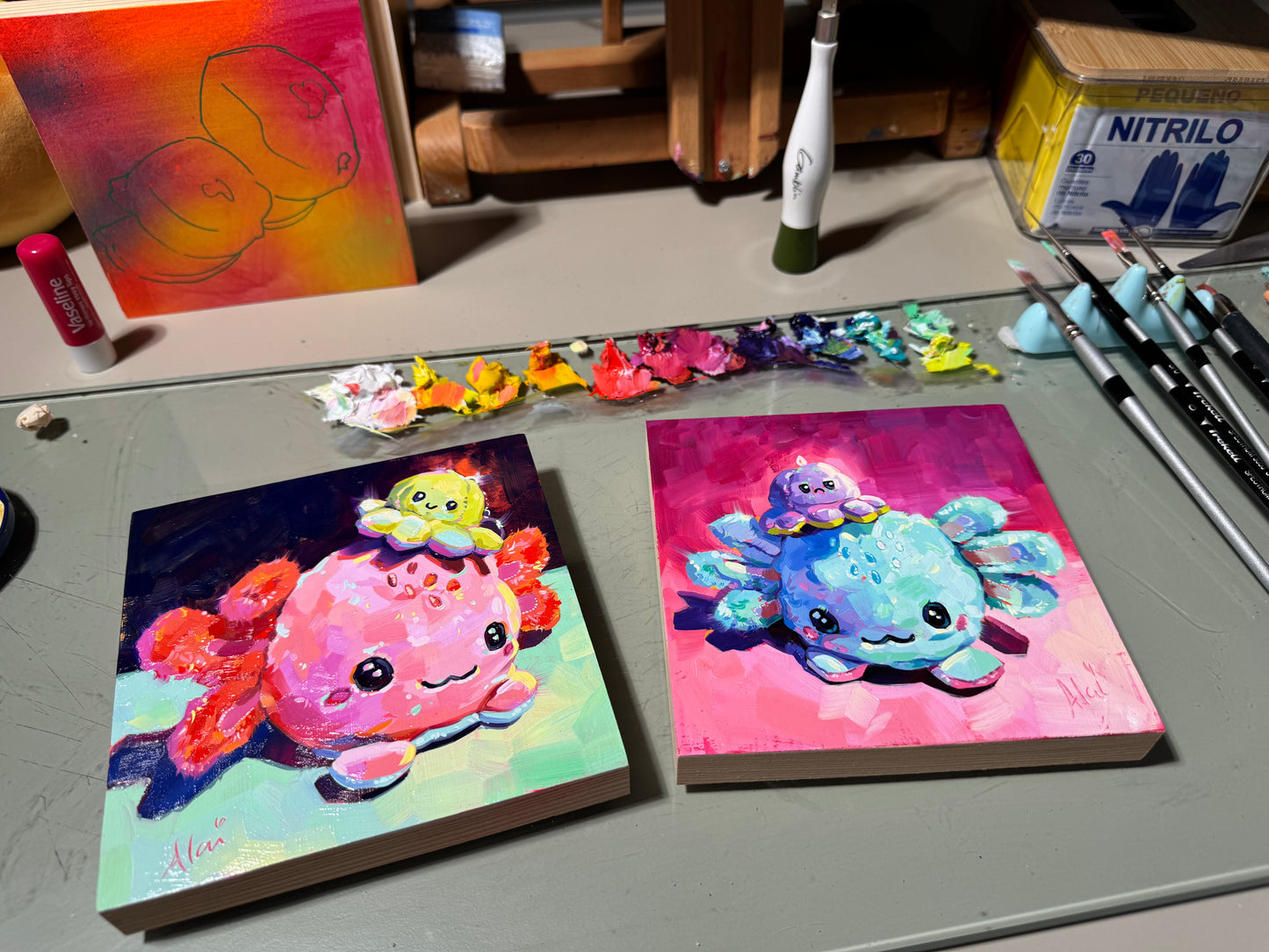 Axolotl and Octopi II - Original Oil Painting