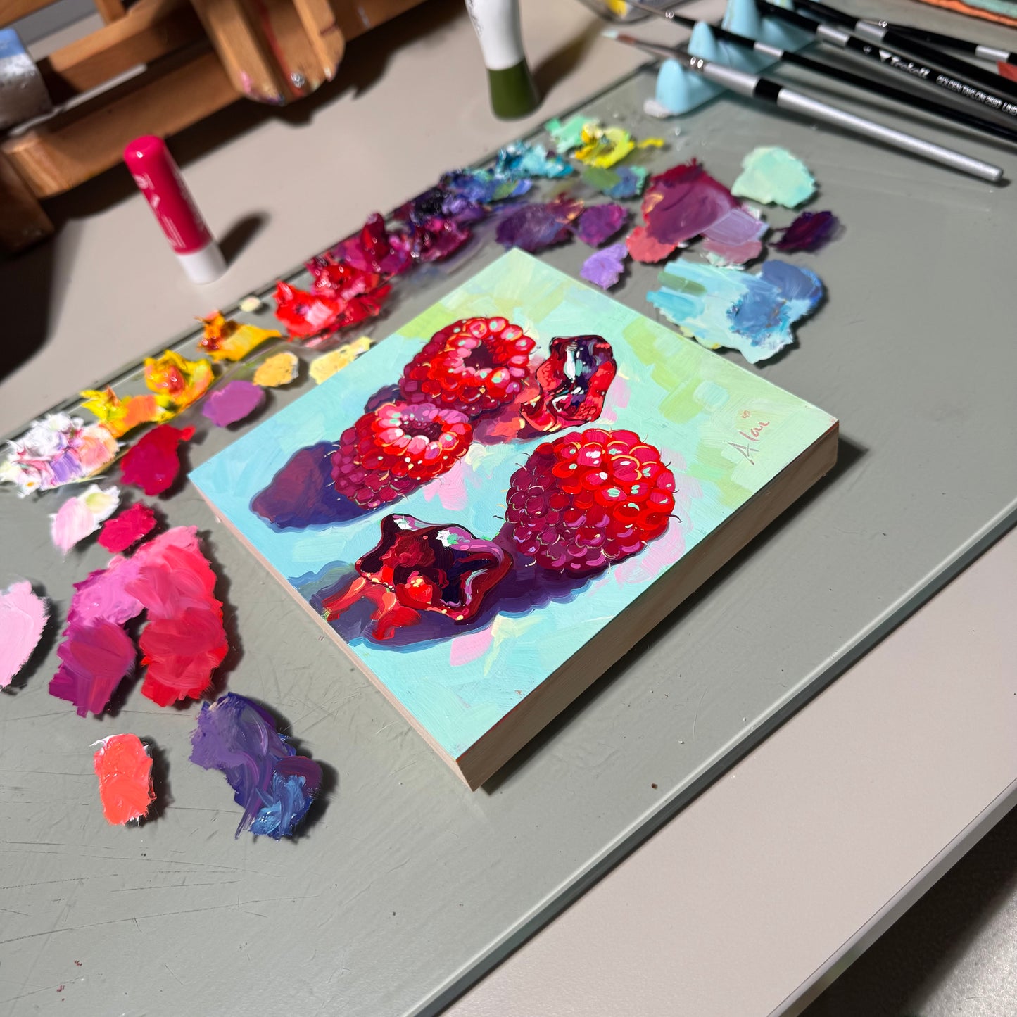 Raspberries and gummies - Original Oil Painting