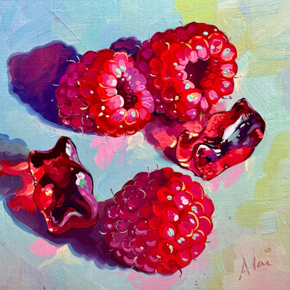 Raspberries and gummies - Original Oil Painting