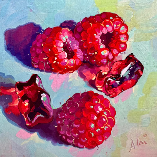 Raspberries and gummies - Original Oil Painting