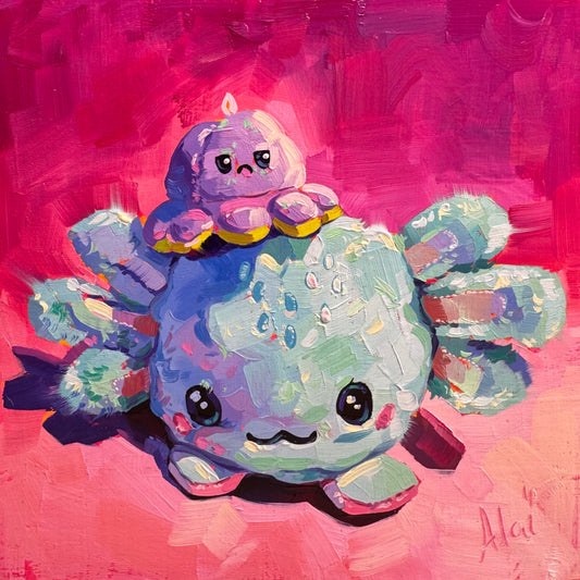 Axolotl and Octopi I - Original Oil Painting