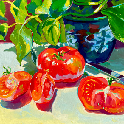 Original oil painting by Alai Ganuza titled "Red and green". A large red tomato and two cut halves resting on a white table in front of a green leafy plant in a blue pot, bathed in dappled sunlight.