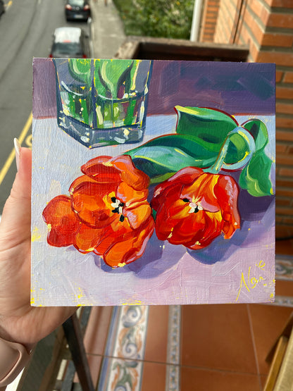 Tulipanes rojos - Pintura al óleo original