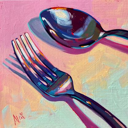 Tenedor y cuchara - Pintura al óleo original