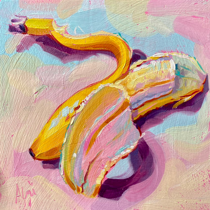 Original oil painting by Alai Ganuza titled "Bitten Banana". A peeled yellow banana with a bite taken out of the top, painted with thick impasto strokes on a pastel pink and blue background.