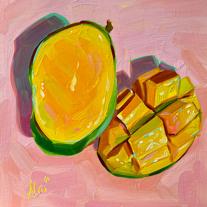 Original oil painting by Alai Ganuza titled "Mango Cubes". A yellow mango sliced in half, with one half scored into cubes and the other showing smooth flesh, painted on a pink background on a square wood panel.