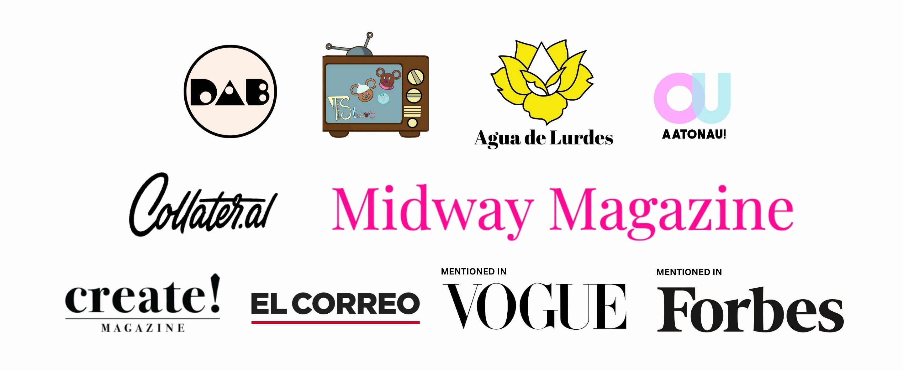 Press and media logos featuring Alai Ganuza’s artwork, including Midway Magazine, Collater.al, Create! Magazine, El Correo, Vogue, Forbes, Agua de Lurdes, Aatonau, and DAB.