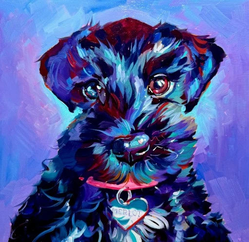 A high-contrast oil painting of Merlot, a mini Schnauzer, featuring silver fur with spectral highlights, a detailed collar tag, and a vibrant purple/wine-colored background with thick impasto texture.