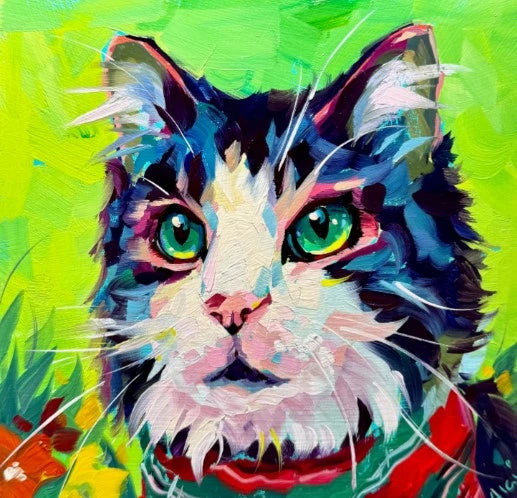 A vibrant hand-painted pet portrait of Buddy the cat in a plaid collar, surrounded by colorful floral elements with a thick impasto texture and luminous highlights on a 6x6 wood panel.