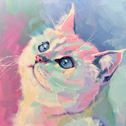 A high-contrast chromatic oil painting of a British Shorthair cat looking upward, featuring vibrant blue eyes, a pink and purple fur palette, and thick impasto texture on an 8x8 wood panel.