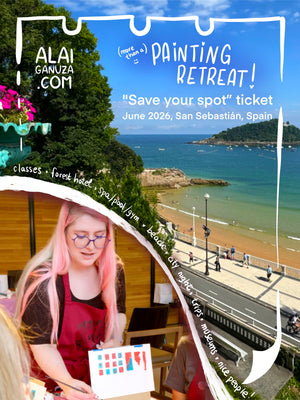 Poster for Alai Ganuza’s Painting Retreat in San Sebastián, Spain, June 2026, featuring the artist teaching a class and the seaside view of La Concha beach.