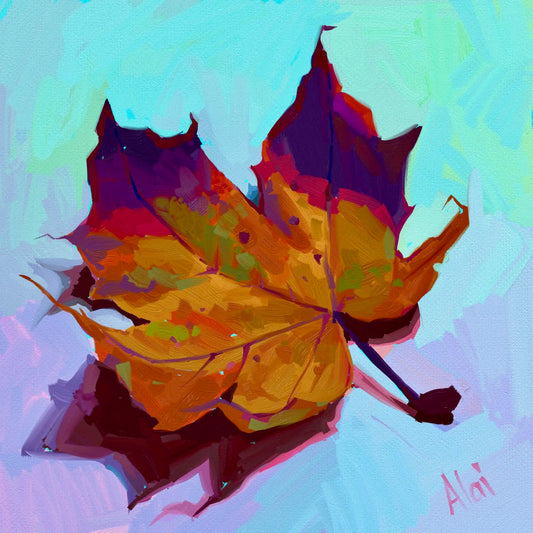 Vibrant digital painting of a fallen maple leaf titled Autumn Vibration by Alai Ganuza. The leaf features a warm orange and copper body with intense deep purple and red tips, casting a dark burgundy shadow. The scene is rendered in a textured, blocky digital style mimicking oil impasto against a light mint green and lavender background, signed Alai in the corner.