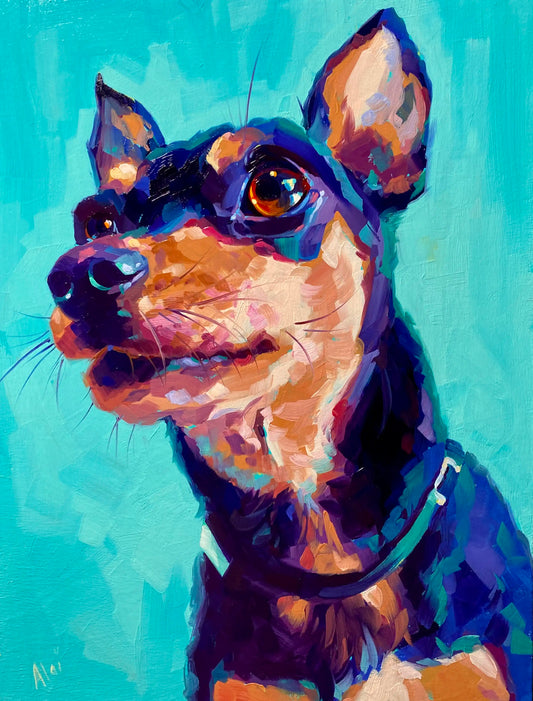 An original 9x12 oil painting of a small black and tan dog named Alfie looking upward with perked ears. Features an intense, solid turquoise background with thick painterly brushstrokes.