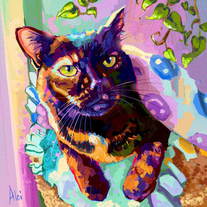 A duo of vibrant digital oil paintings of a tortoiseshell cat named Zippy. One portrait shows her glowing with a blue toy mouse and plants, and the other shows her mid-yawn against a textured purple background.