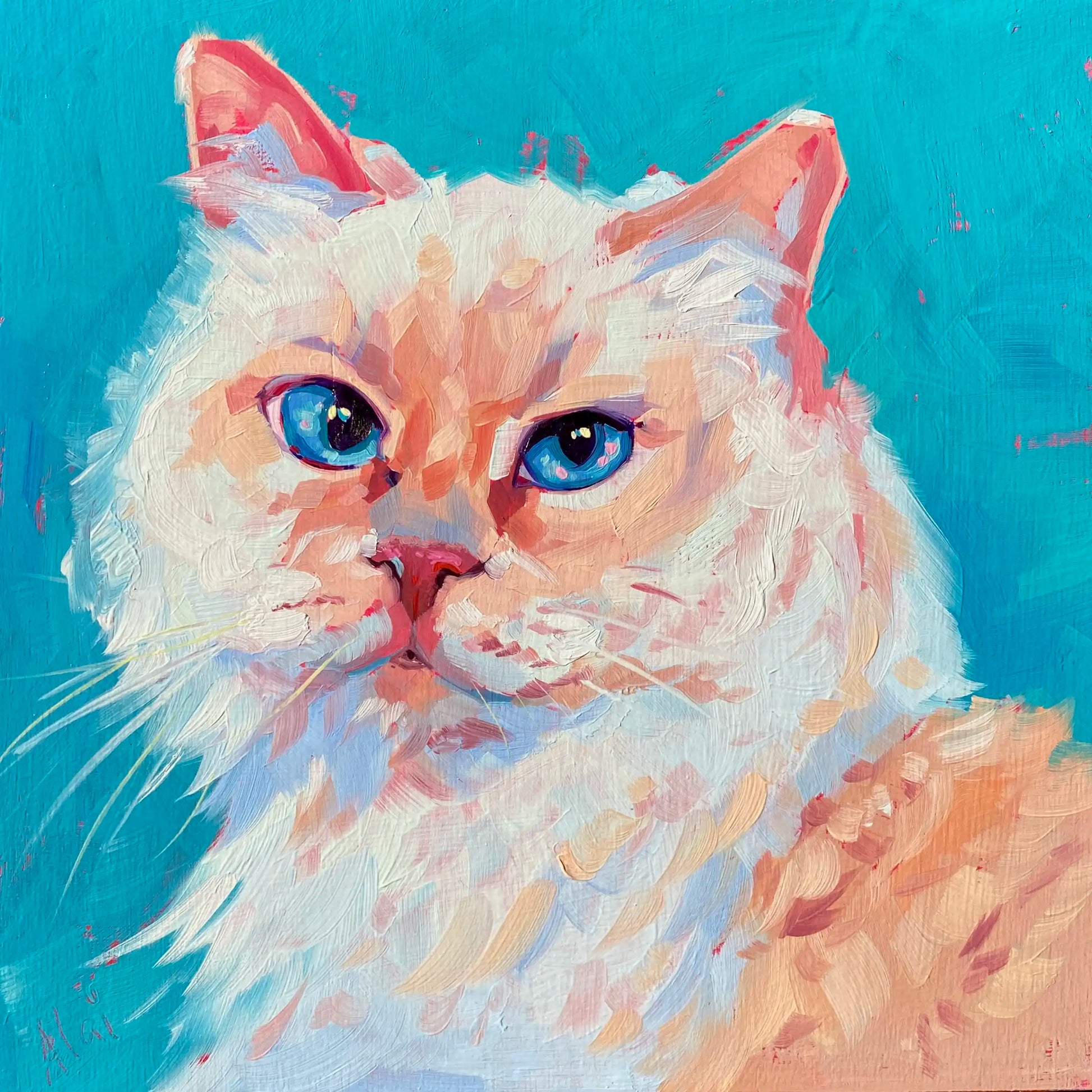 An original 8x8 oil painting of a fluffy white and cream flame point cat named Anya with striking blue eyes. Features a solid, vibrant teal background with thick painterly texture.