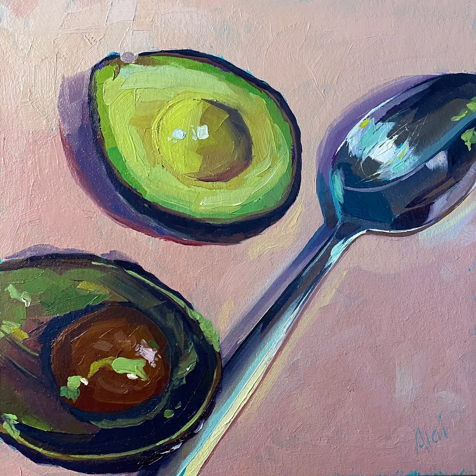 An original oil painting titled Silver and Sage by Alai Ganuza. The file IMG_8314.jpg shows a still life study of a sliced avocado and a metallic silver spoon resting on a soft pink surface. The artwork features thick, blocky impasto oil brushstrokes on a textured canvas, with dramatic deep purple and blue shadows casting beneath the avocado halves and spoon, signed Alai in light blue in the bottom right corner.