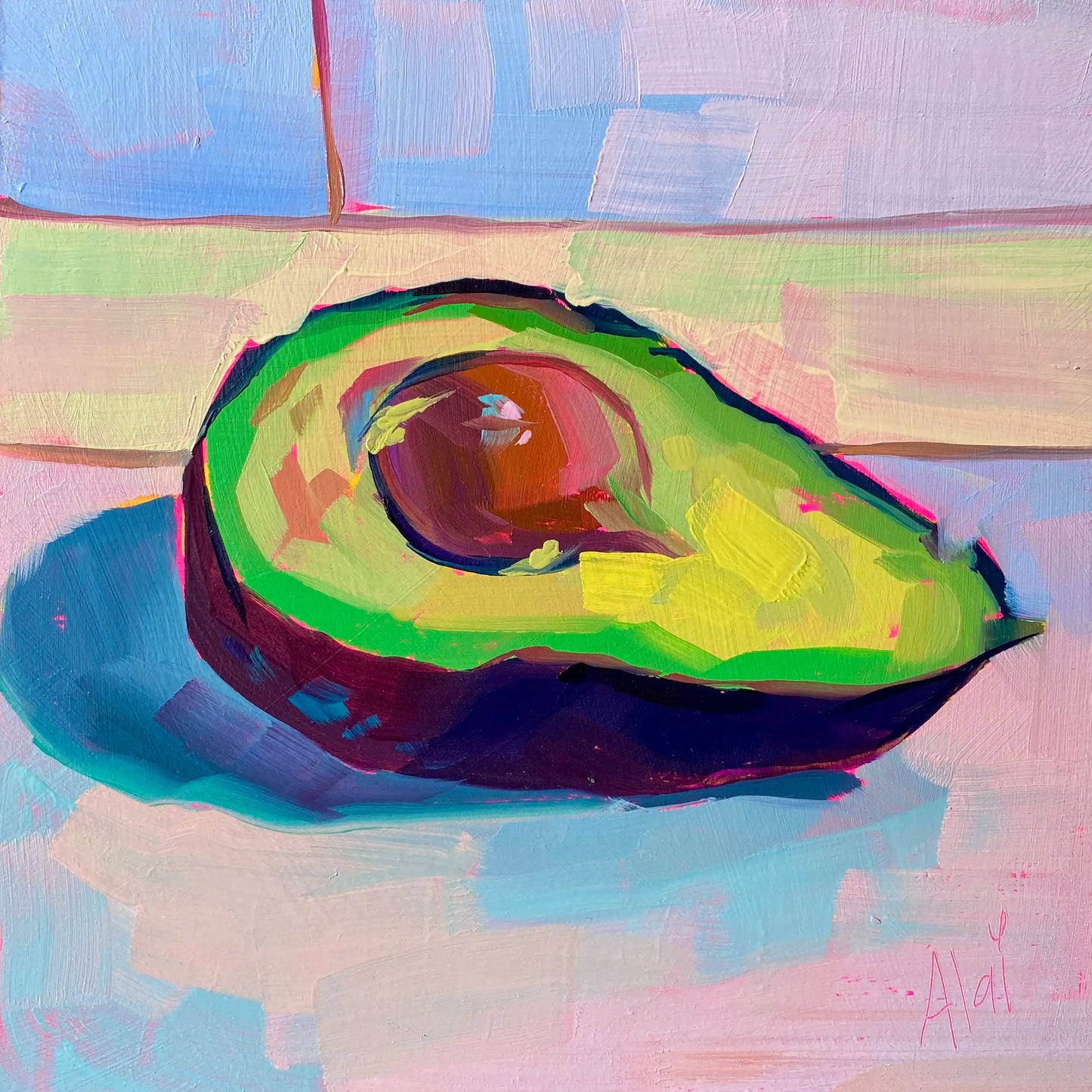 Original oil painting by Alai Ganuza titled "Avocado study II". A ripe avocado half with a large pit, painted with thick impasto in shades of lime green and yellow against a soft, multi-colored pastel background.