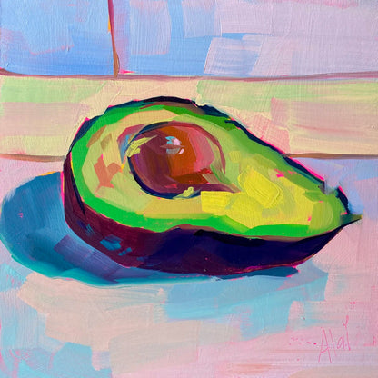 Original oil painting by Alai Ganuza titled "Avocado study II". A ripe avocado half with a large pit, painted with thick impasto in shades of lime green and yellow against a soft, multi-colored pastel background.