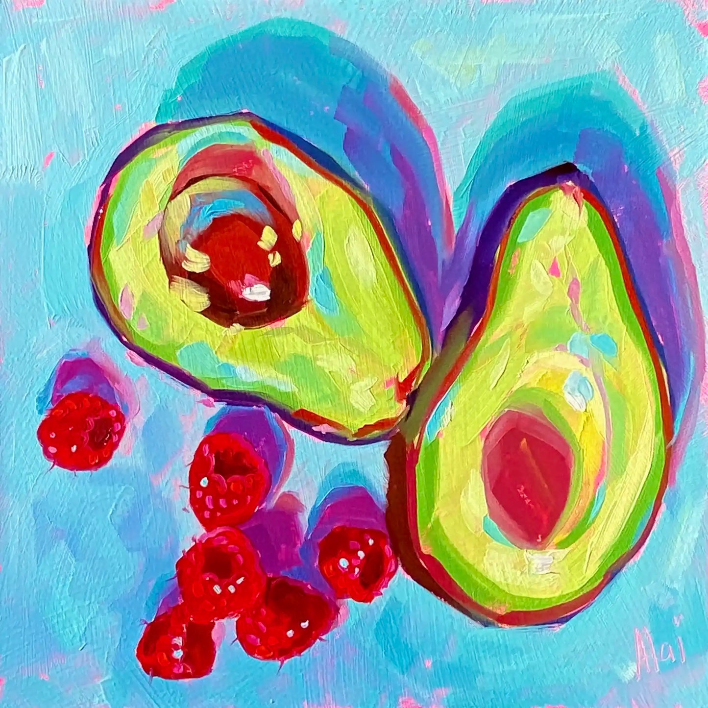 It depicts a vibrant still life study of two sliced avocado halves and a small cluster of ripe red raspberries scattered on a bright sky-blue surface. The artwork features thick, blocky impasto oil brushstrokes on canvas, highlighting structured facets of neon-lime green on the avocados and deep ultraviolet shadows casting behind the fruit, with a pink studio signature in the lower right corner.