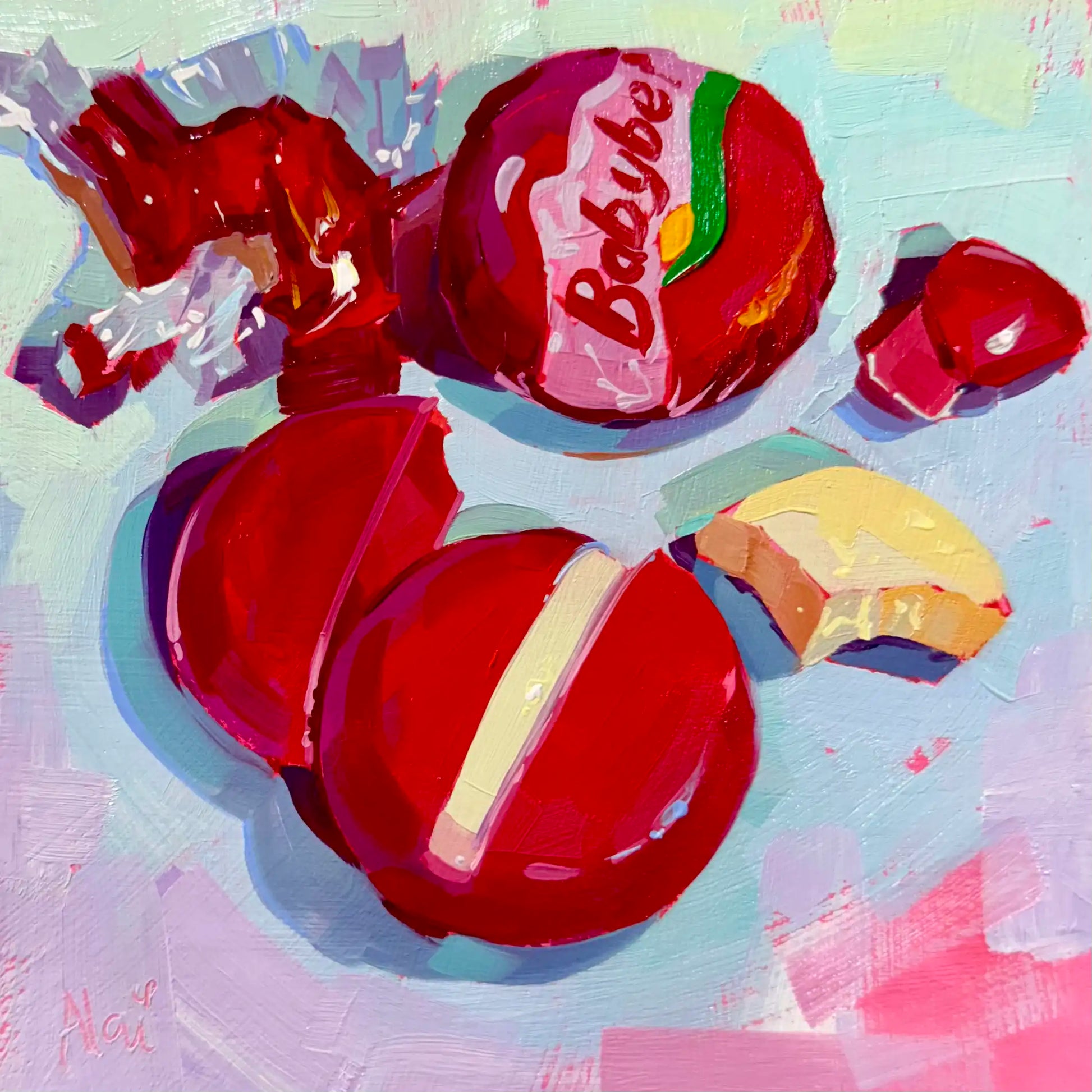 Original oil painting by Alai Ganuza titled "Babybel". Red wrapped and unwrapped Babybel cheeses with scattered wax and a bitten wedge on a light blue background, painted with thick impasto texture.