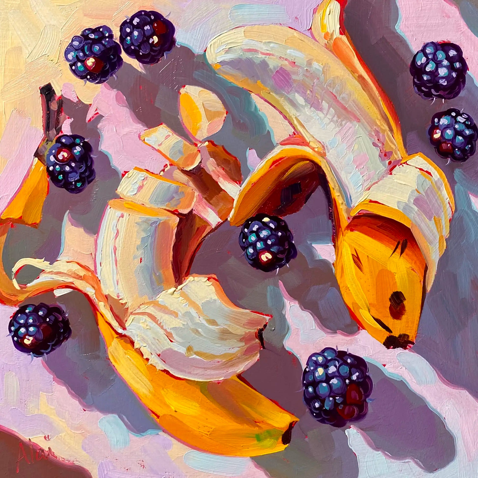 Original oil painting by Alai Ganuza titled "Bananas and Blackberries". A peeled yellow banana broken into chunks scattered with plump dark blackberries on a pastel pink and lavender background on a square wood panel.