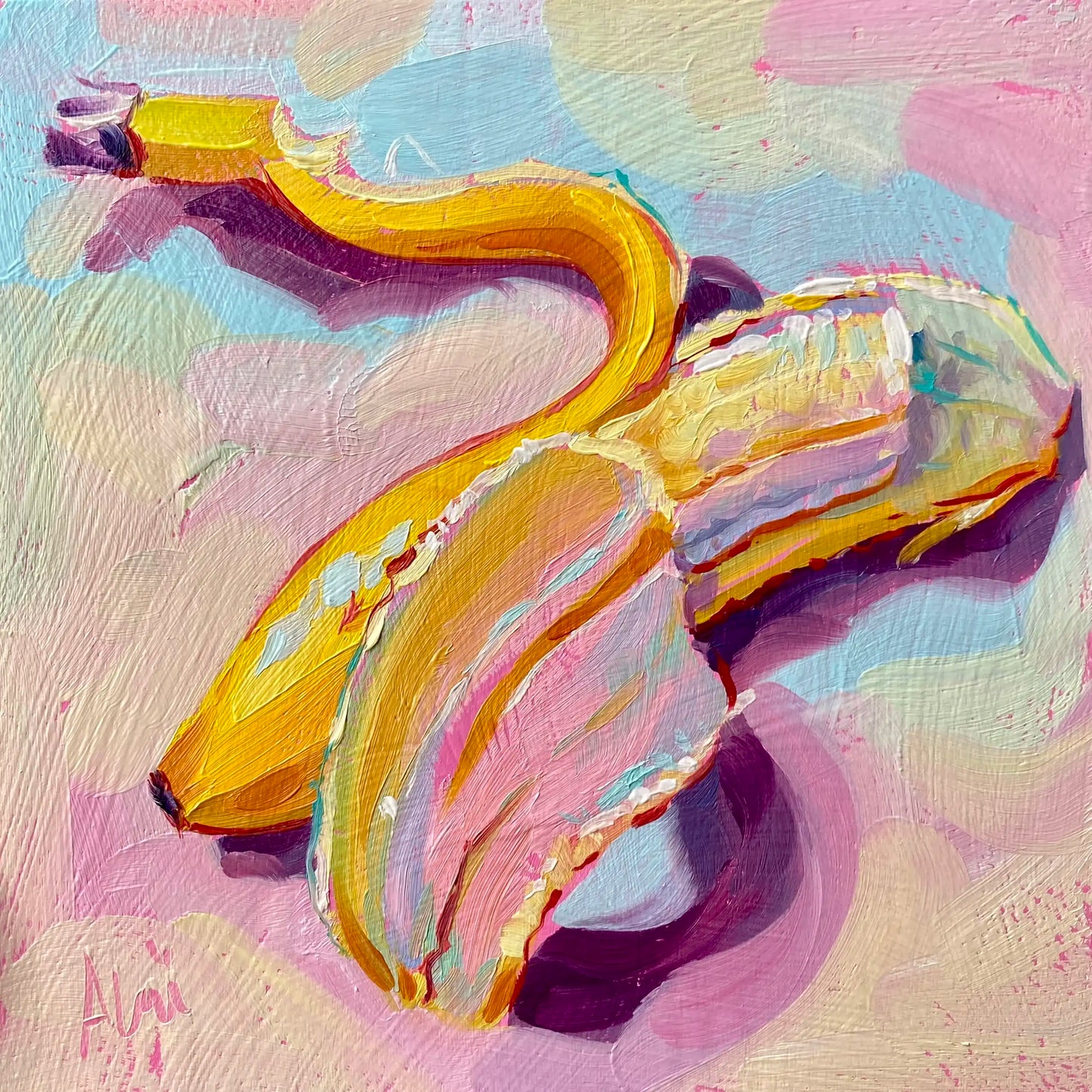 Original oil painting by Alai Ganuza titled "Banana". A discarded yellow banana peel with brown spots rendered in thick impasto strokes against a soft, swirling pastel blue and pink background on a square wood panel.