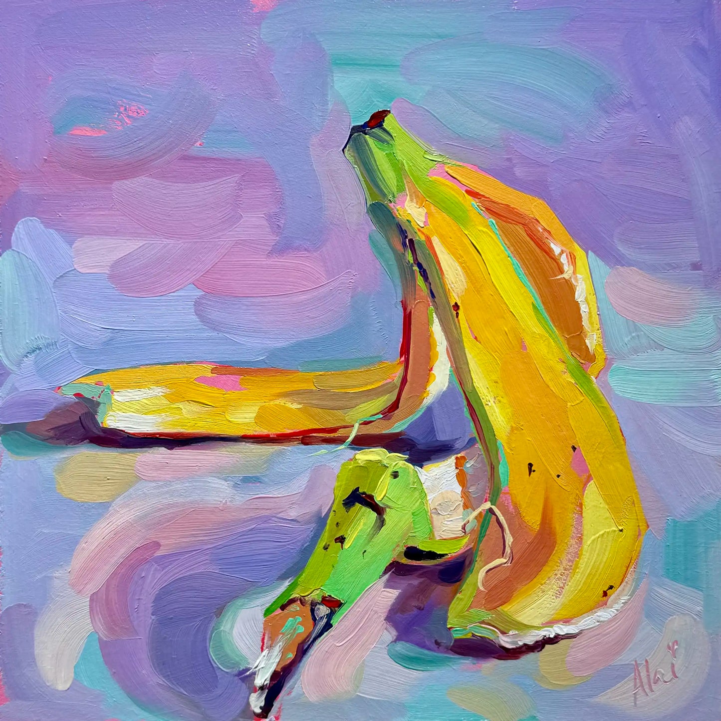 An expressive impasto oil painting of an empty banana peel splayed out on a surface. The peel is rendered in vibrant shades of bright yellow, lime green, and warm ochre, casting deep purple shadows underneath. The background consists of broad, swirling brushstrokes of lavender, pastel purple, pink, and soft blue. A subtle pink artist signature, "Alai," is visible in the bottom right corner.