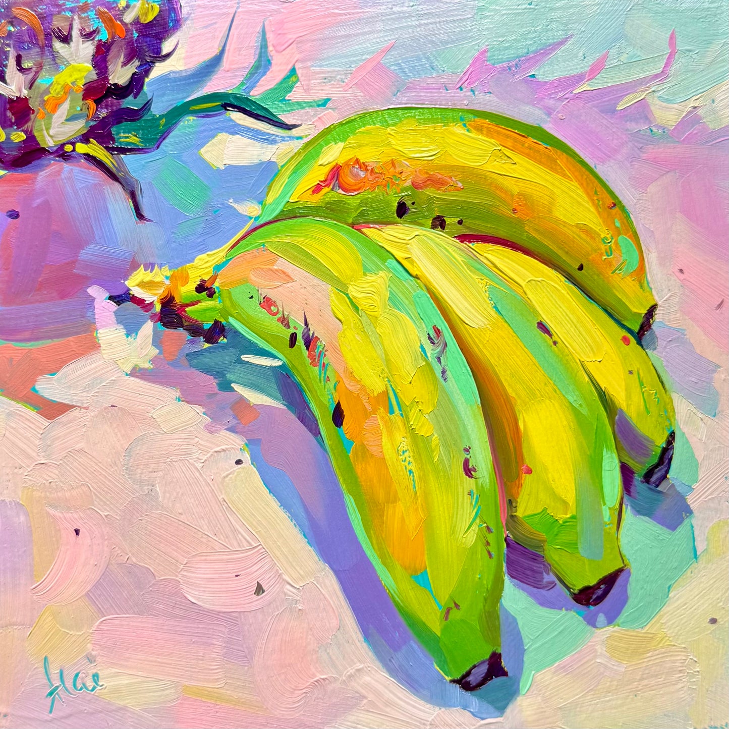 My original 15x15 cm oil painting of a bunch of bananas. I used neon green and yellow highlights with thick sculptural paint on a pink and mint background with purple shadows.