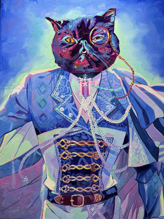 A majestic oil painting of Baron the cat dressed in blue and gold medieval noble clothing with a gold monocle against a textured blue and yellow background.