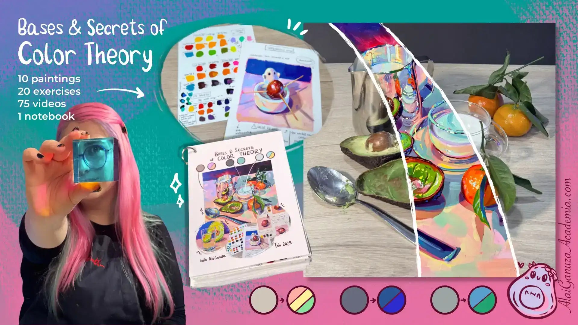 banner of bases and secrets of color theory. the first course made by AlaiGanuza Academia, 10 paintings, 20 exercises, 75 videos and 1 notebook. Alai is holding a chromatic cube in front of her eyes and there's a big image with the reference and the transformation to an oil painting.