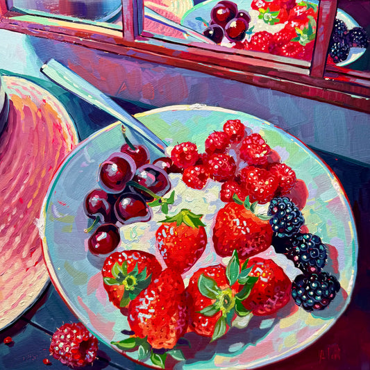 Original oil painting by Alai Ganuza titled "Berries and Mirror". A bowl of yogurt with assorted berries (raspberries, blackberries, strawberries, cherries) in front of a mirror reflecting the scene.