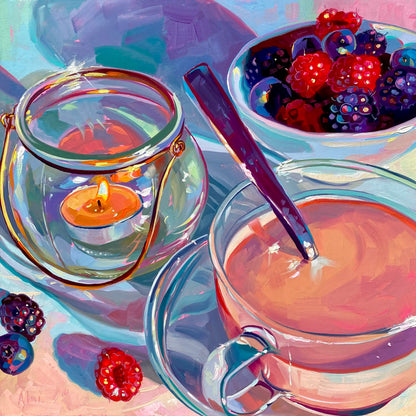 Original oil painting by Alai Ganuza titled "Berries, coffee and candle". A cozy arrangement featuring a lit candle in a glass jar, a clear glass cup of tea with a spoon, and fresh berries scattered on a sunlit table.